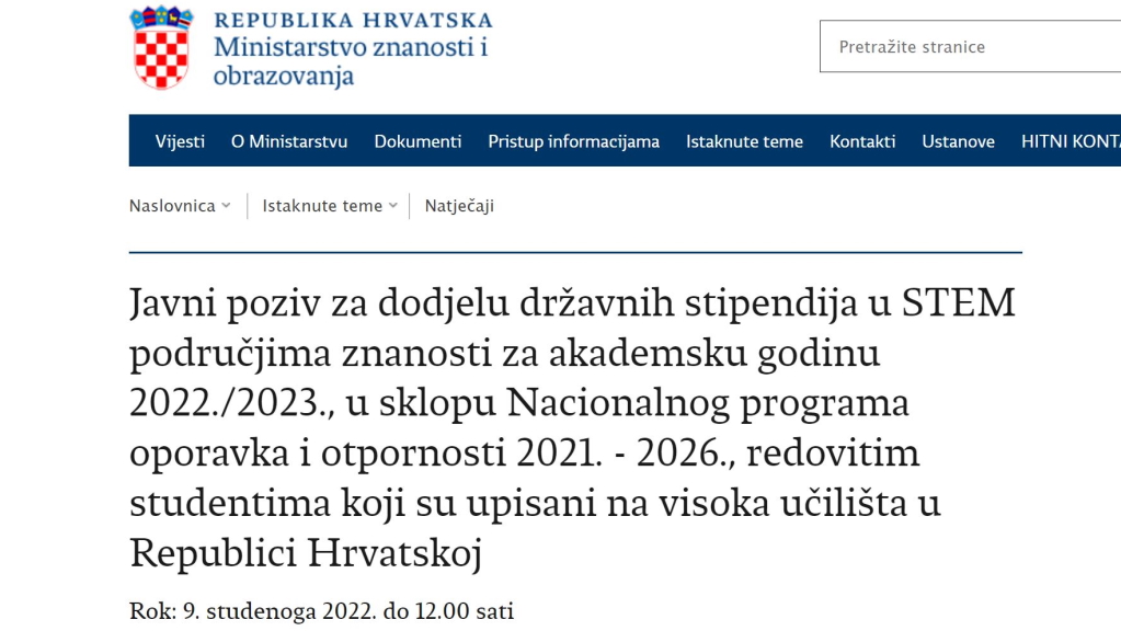 Javni poziv za dodjelu stipendija u STEM područjima za ak. god. 2022./2023.
